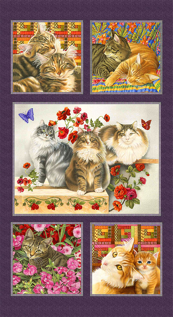 Cats N Quilts - Feline Snuggle - Plum - 24" x 44" PANEL