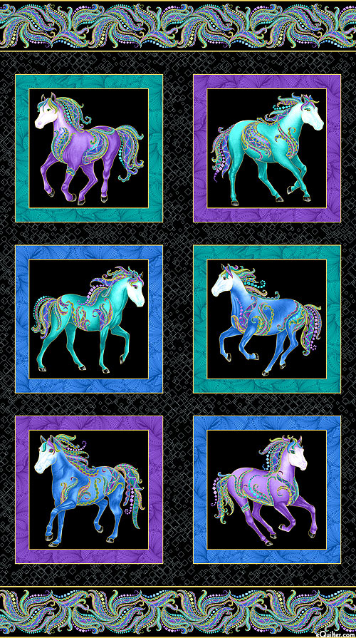 Horsen Around - Pony Blocks - Black/Gold - 24" x 44" PANEL