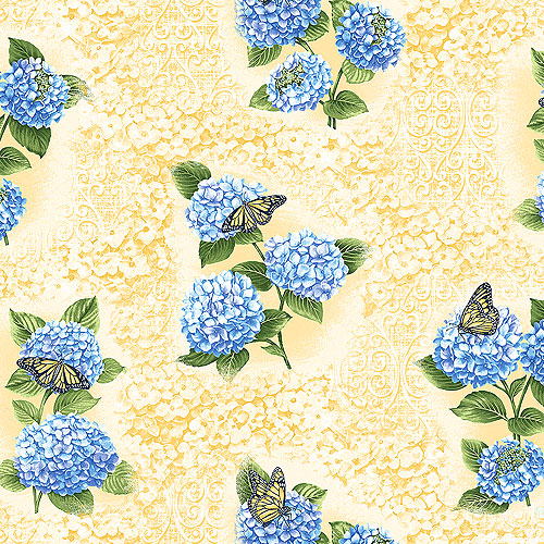 Hydrangea Blue - Visiting Monarchs - Butter Yellow