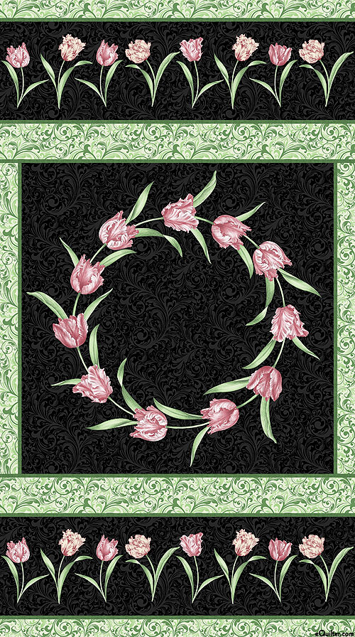 Evelyn's Etched Tulips - Tulip Crowns - Black - 24" x 44" PANEL