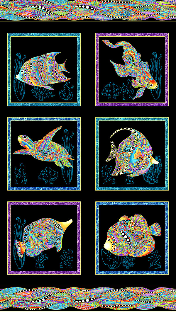 Hooked On Fish - Sea Squares - Black/Gold - 24" x 44" PANEL