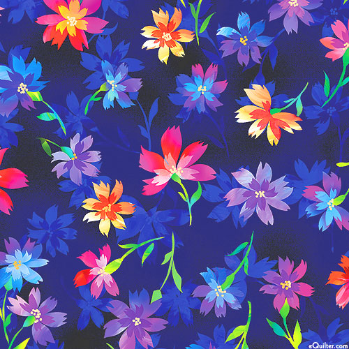 Luminous Blooms - Floral Dazzle - Midnight Blue