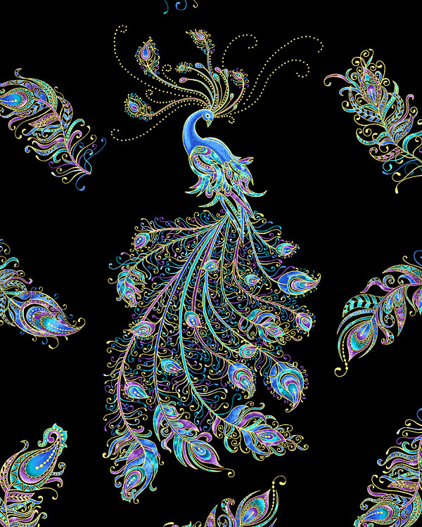 Peacock Flourish - Bejeweled Bird - Black/Gold
