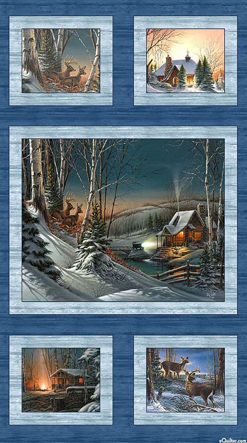 Seasons - Winter Log Cabin - Delft Blue - 24" x 44" PANEL