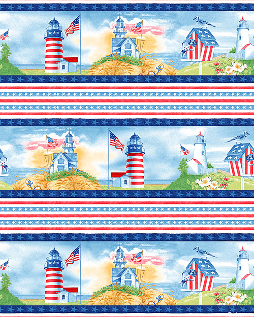 Shoreline Stories - Patriotic Lighthouses Stripe - Sky Blue