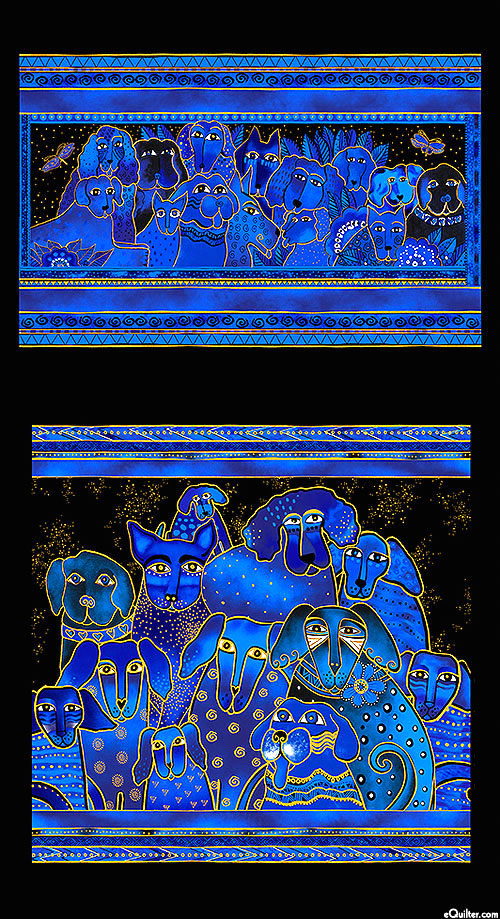 Kindred Canines - Pillow Panel - Cobalt/Gold - 24" x 44" PANEL