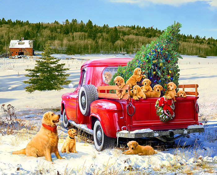 Christmas Truck & Puppies - Cream - 35" x 44" PANEL - DIGITAL