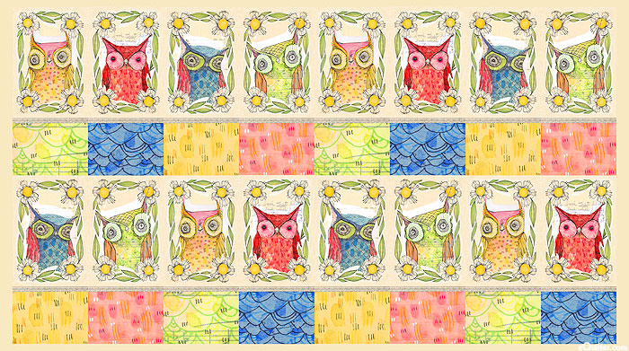 Well Owl Be - Owl Patchwork - Buttercreme - 24" x 44" PANEL