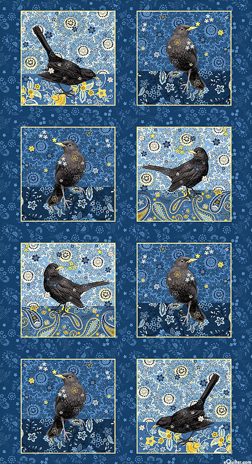 Blackbirds Calling - Bird Blocks - Navy Blue - 24" x 44" PANEL
