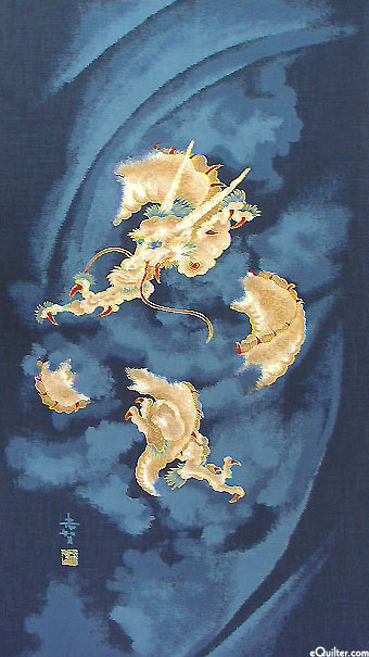 Dragons in Clouds - Noren Panel - Indigo/Gold