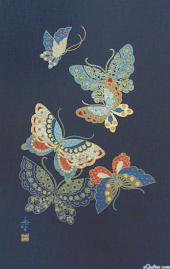 Cloisonne Butterflies - Noren Panel - Indigo/Gold