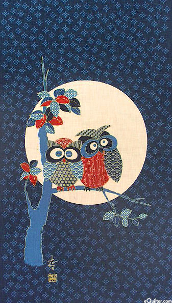 Owls on Tree - Noren Panel - Indigo/Gold