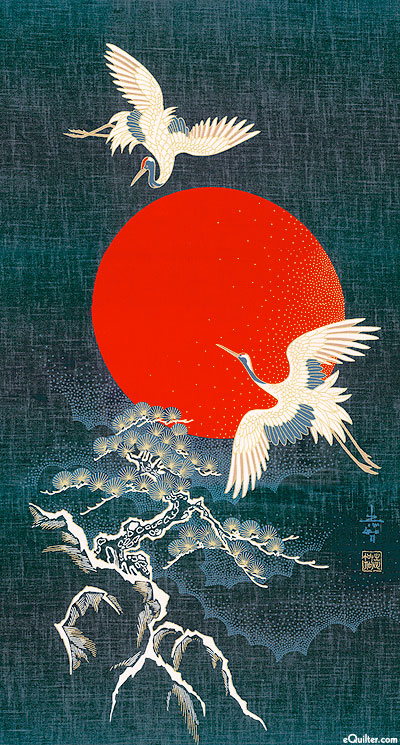 Sunset Cranes & Tree - Noren Panel - Indigo/Gold
