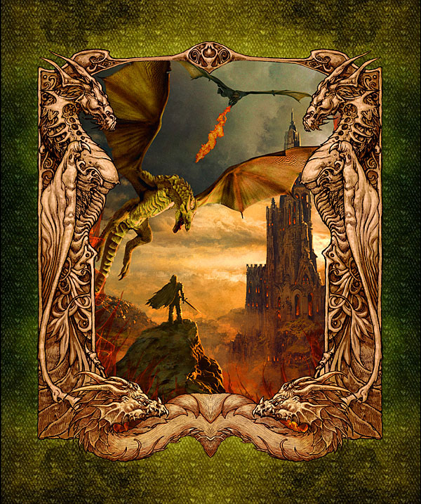 Dragons Ancients - Knightly Battle - Olive - 36" x 44" PANEL