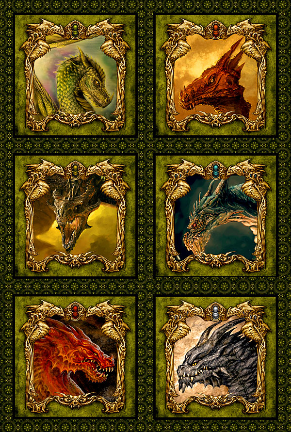 Dragons Ancients - Fabled Faces - Olive Green - 30" x 44" PANEL