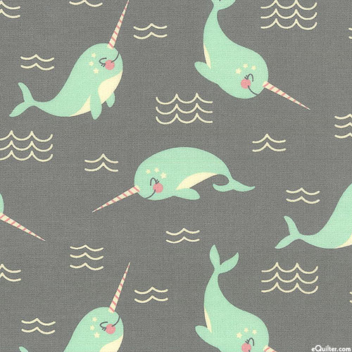 Snow Snuggles - Happy Narwhals - Storm Gray - FLANNEL