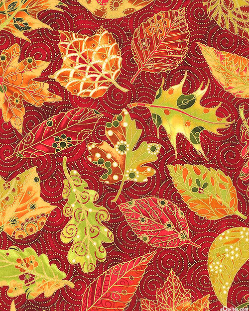 Jeweled Leaves - Autumn Fronds - Cranberry Red/Gold