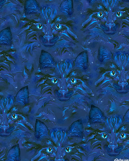 Be Pawsitive - Nocturnal Cat Faces - Cobalt Blue - DIGITAL PRINT