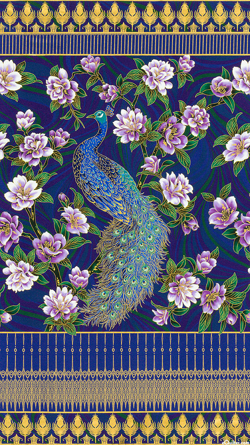 Peacock Garden - Graceful Dance - Cobalt/Gold - 24" x 44" PANEL