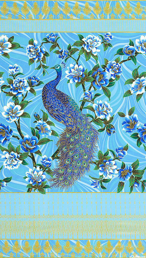 Peacock Garden - Graceful Dance - Azure/Gold - 24" x 44" PANEL