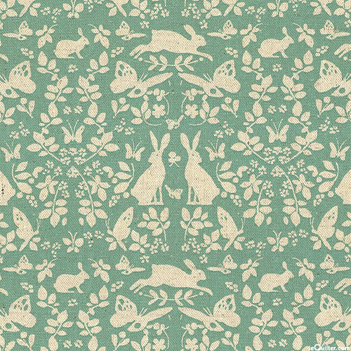 Cotton Flax Prints - Springtime Bunnies - Dk Mint - COTTON/FLAX