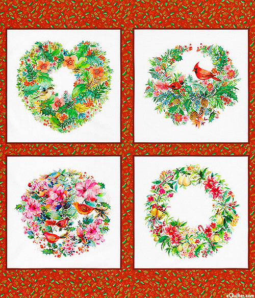 Yuletide Bouquet - Holiday Wreaths - Scarlet - 37" x 44" PANEL