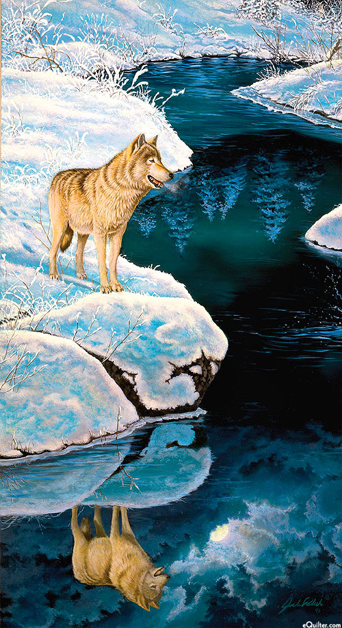 Quiet Reflections - Wolf on Water - Frost Blue - 24" x 44" PANEL