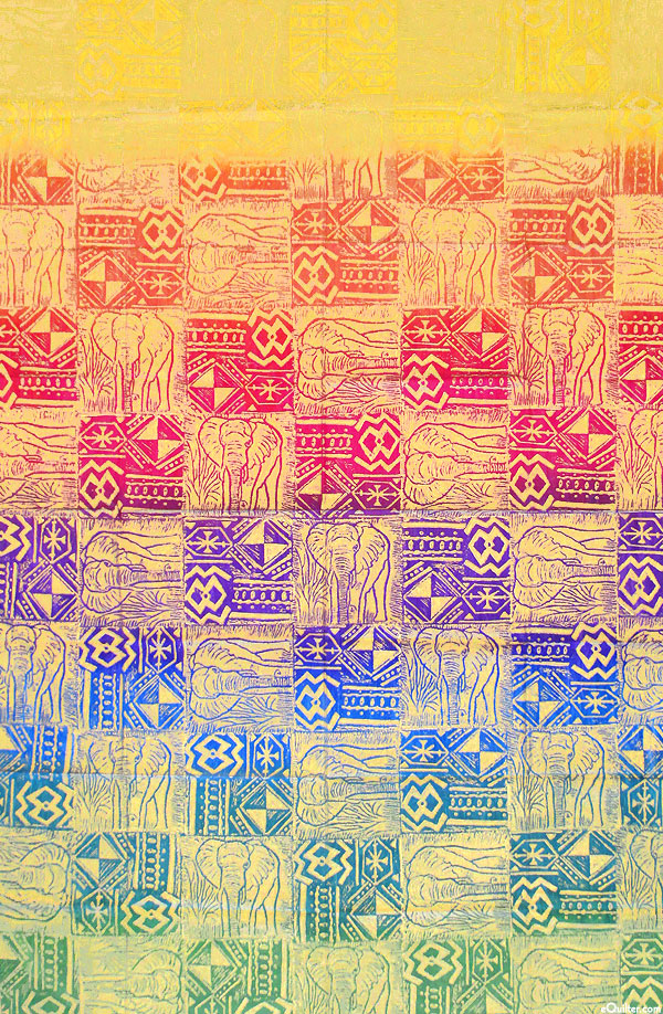 Elephant Lino-Print Rainbow - Mango/Gold - 80" x 60" PANEL