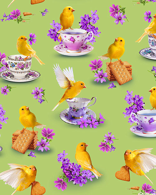 Canary Garden Party - Tea Cup Birds - Lime Green - DIGITAL