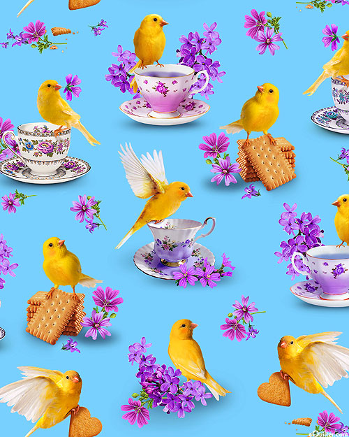Canary Garden Party - Tea Cup Birds - Alpine Blue - DIGITAL