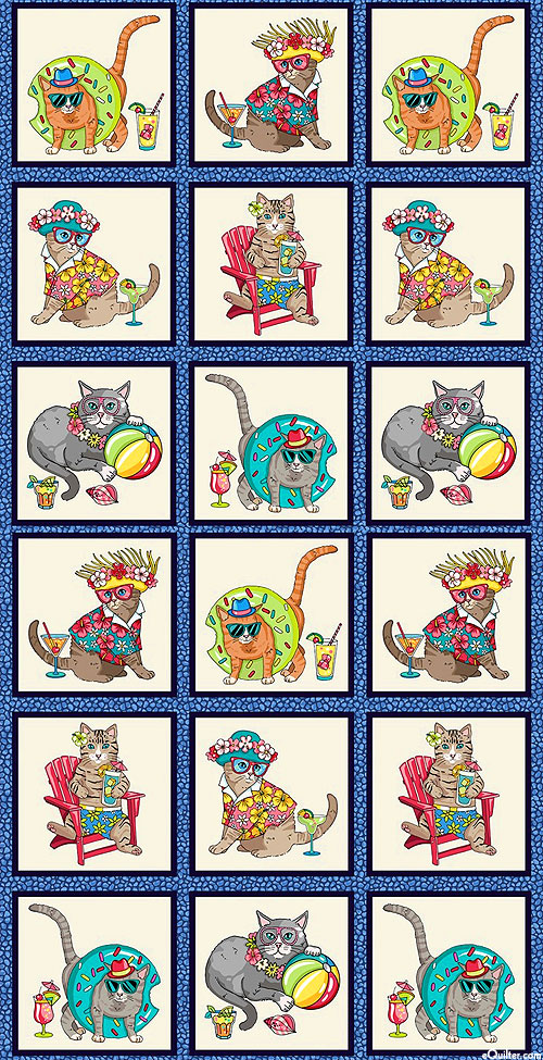 Beach Cats - Feline Beachy Blocks - Royal Blue - 23" x 44" PANEL