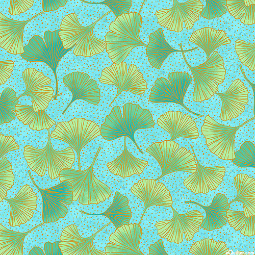 Shimmer Ginkgo Garden - Leafy Polka Dots - Deep Aqua/Gold