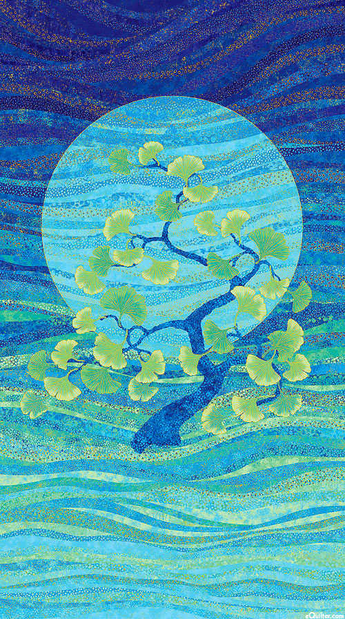 Shimmer Ginkgo Garden - Moonlight - Aqua/Gold - 24" x 44" PANEL