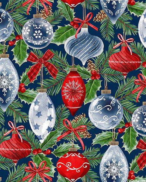 Christmas Traditions - Holly & Baubles - Dark Navy Blue