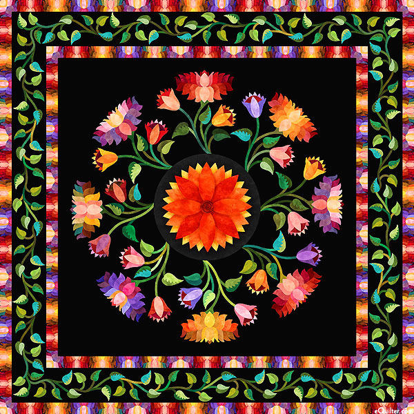 Flamenco - Circle of Flowers - Black - 43" x 44" PANEL