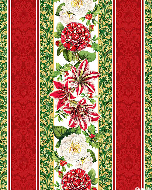 Merry Christmas - Festive Florals Stripe - Scarlet Red