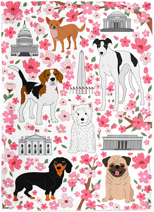 Nation's Capital Cherry Blossom Puppy Dogs - Tea Towel