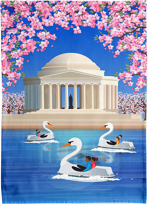 Cherry Blossom at Jefferson Memorial/Swan Boats - Tea Towel