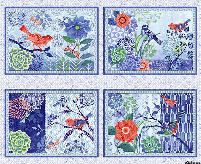 Bella Blue Birds - Birdie Blooms - Powder Blue - 24" x 44" PANEL