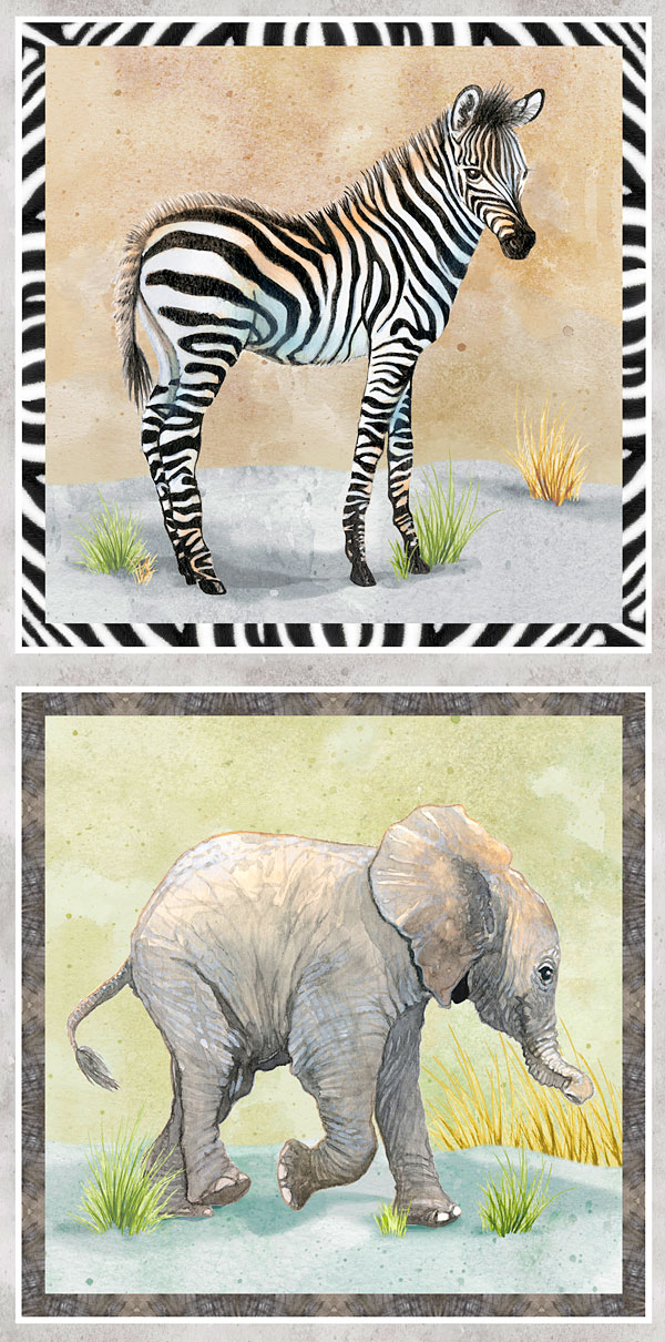 Baby Safari Animals - Zebra & Elephant - Gray - 24" x 44" PANEL