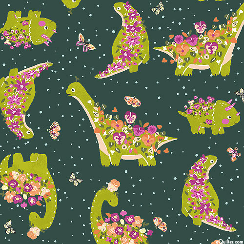 Life Finds A Way - Floral Dinosaurs - Midnight Green