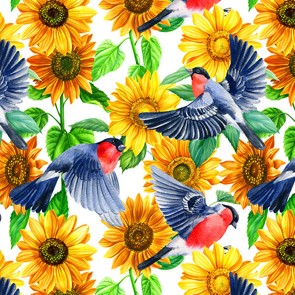Bullfinches & Sunflowers - White - DIGITAL PRINT