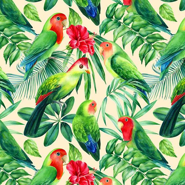 Lovebirds and Parrots - Cream - DIGITAL PRINT