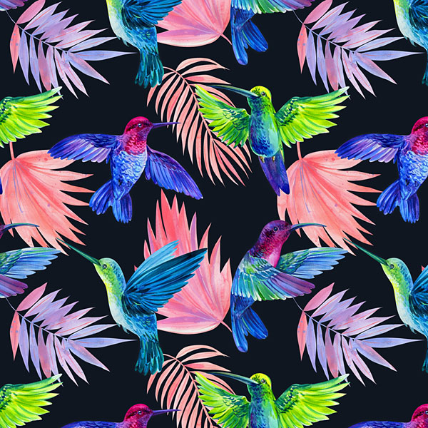 Hummingbirds and Palm Leaves - Tropical Flight - Black - DIGITAL