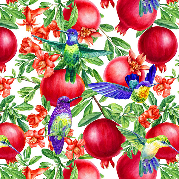 Hummingbirds and Pomegranates - White - DIGITAL