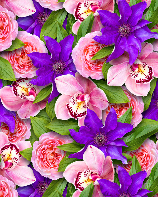 Royal Orchids, Roses & Clematis - Leaf Green - DIGITAL PRINT