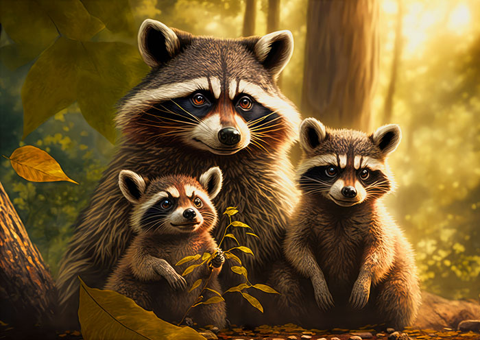 Family of Raccoons - Olive Gold - 29" x 44" PANEL