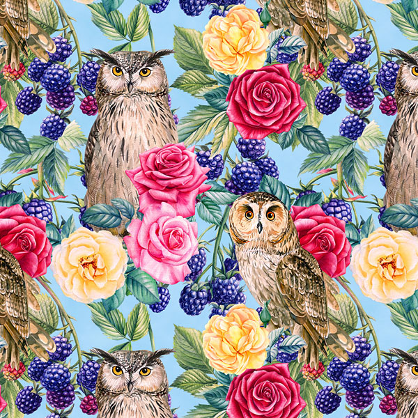 Owls with Blueberries and Roses - Avian Floral - Powder Blue