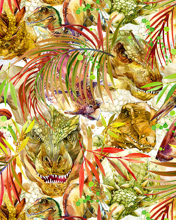 Dinosaurs & Leaves - White - DIGITAL PRINT
