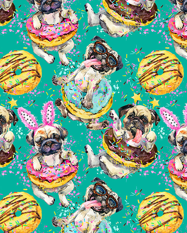 Party Pugs - Dogs in Doughnuts - Jade Green - DIGITAL PRINT